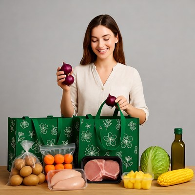 Woman holding onions with groceries