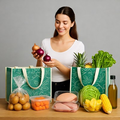 Woman holding red onion with groceries