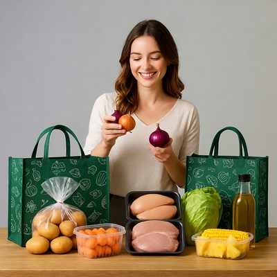 Woman holding orange onions with groceries