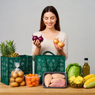 Woman holding red and yellow onions