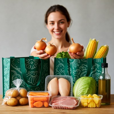 Woman holding grocery bags with vegetables