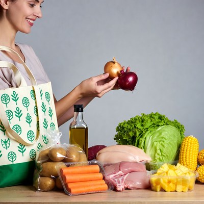 Woman holding onions with groceries
