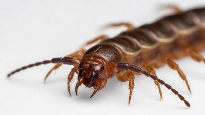 Close-up of centipede on white background