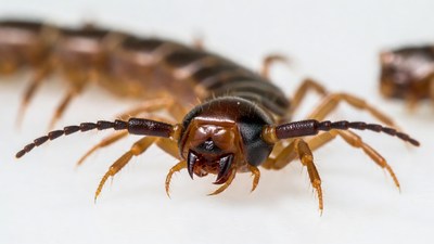Closeup of centipede on white background