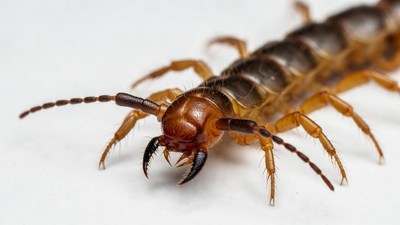 Close-up of centipede on white background