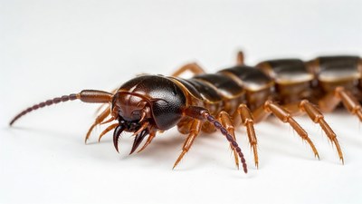 Close-up of centipede on white background