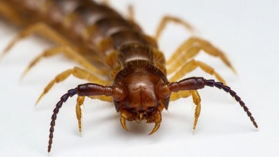 Close-up of centipede on white background