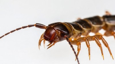Closeup of centipede on white background