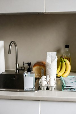 Kitchen counter with eggs bread bananas