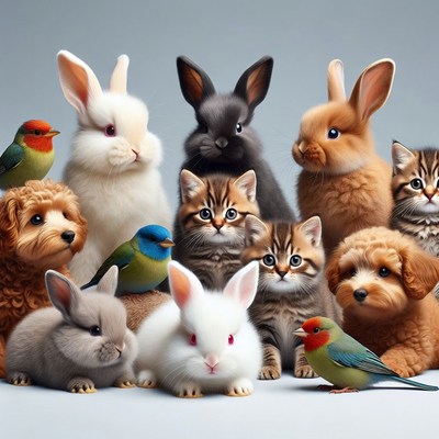 Group of Cute Rabbits Kittens Puppies Birds