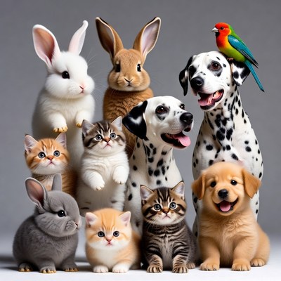 Group of Cute Pets Kittens Puppies Rabbits