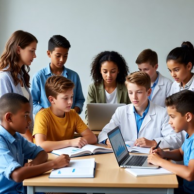 Diverse children studying around table