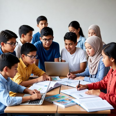 Diverse students studying around table