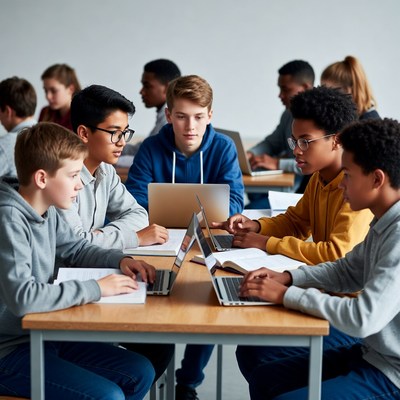 Diverse students collaborating on laptops