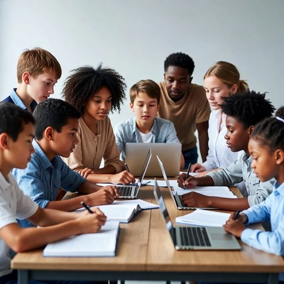 Diverse students collaborating at table