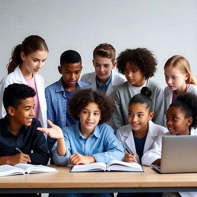 Diverse children in lab coats studying laptop
