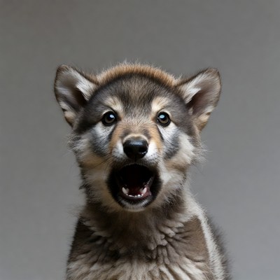 Wolf pup yawning on gray background