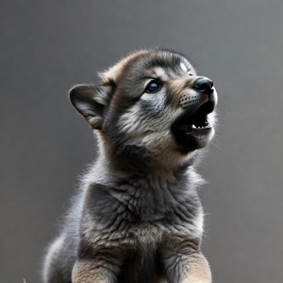Husky puppy barking upwards