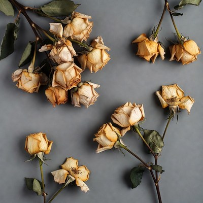 Dried beige roses on gray background
