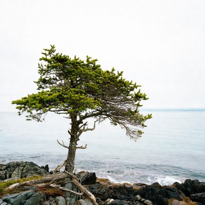 Solitary windswept pine tree by ocean