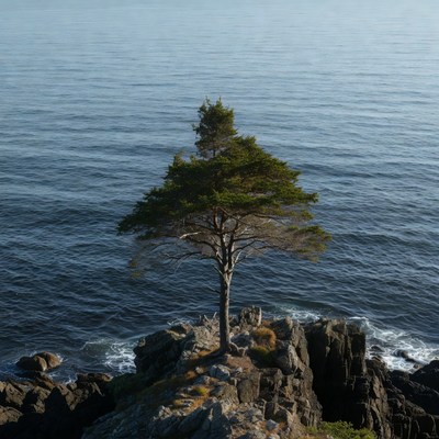 Lone pine tree on ocean cliff