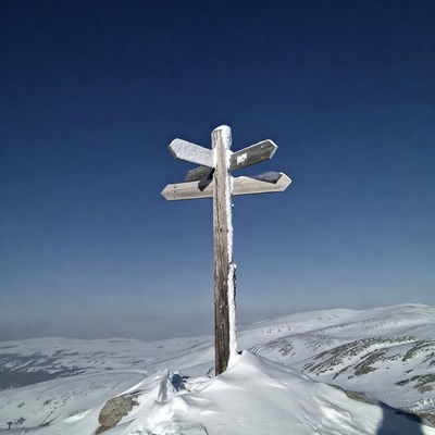 Snowy Mountain Signpost in Winter
