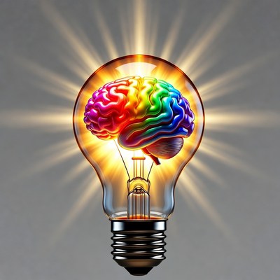 Rainbow Brain Lightbulb Illustration