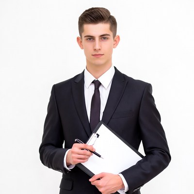 Young man in suit holding clipboard