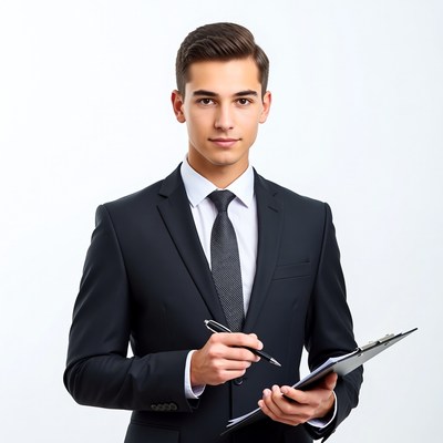 Young man holding clipboard and pen