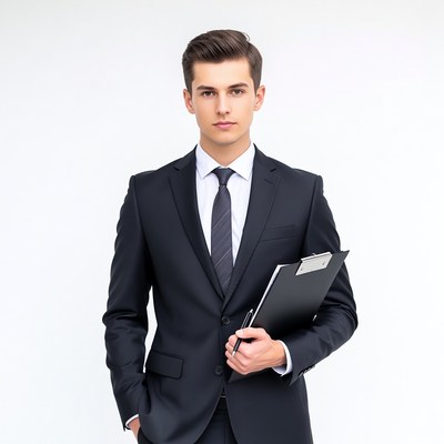 Young man holding clipboard in suit