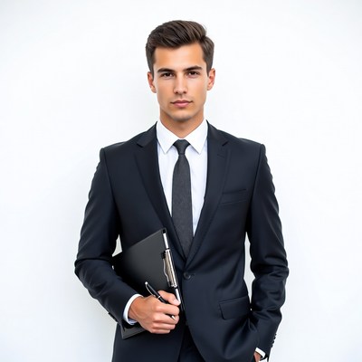 Young man in suit holding clipboard