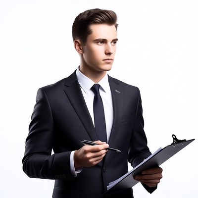 Young man holding clipboard and pen