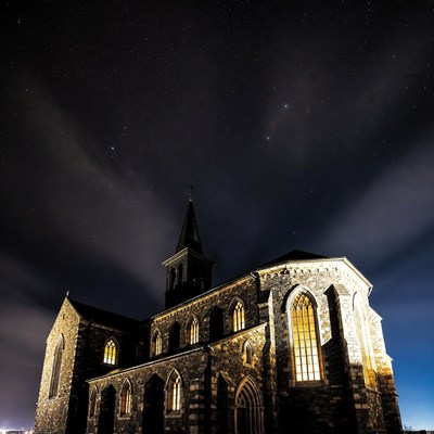 Stone Church Under Starry Night Sky