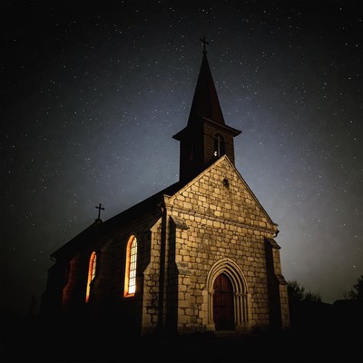 Stone Church at Night Under Starry Sky