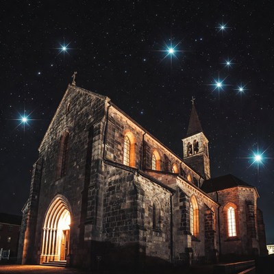 Stone Church Under Starry Night Sky
