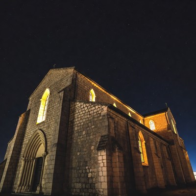 Stone Church Lit at Night