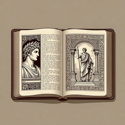 Open book with Roman men illustrations