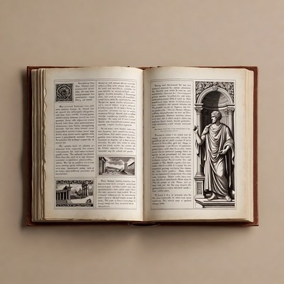 Open antique book with Roman man illustration