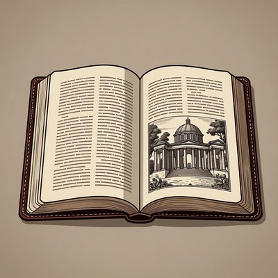Open book with illustrated dome building