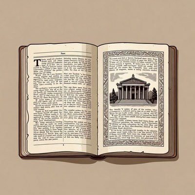 Open Vintage Book with Parthenon Illustration