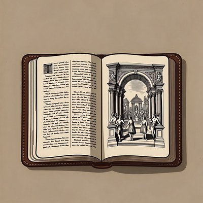 Open book with classical illustration