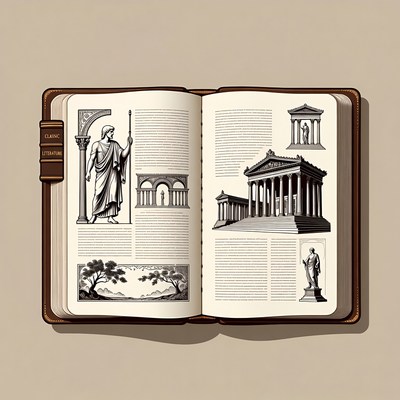 Open Book with Classical Greek Illustrations
