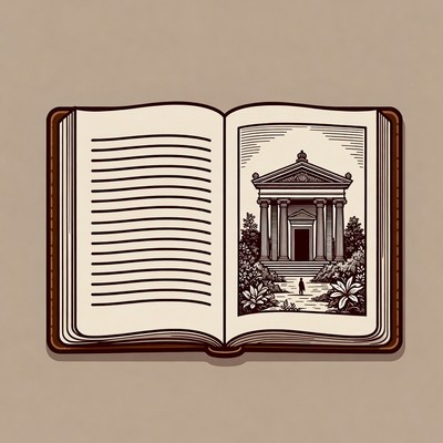 Open book with temple illustration