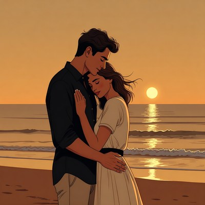Romantic couple embracing at sunset beach