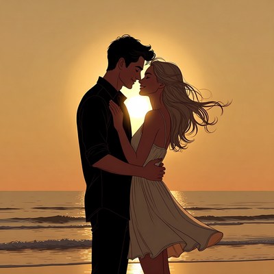 Romantic couple kissing at sunset beach