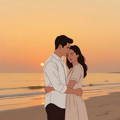 Asian couple embracing at sunset beach