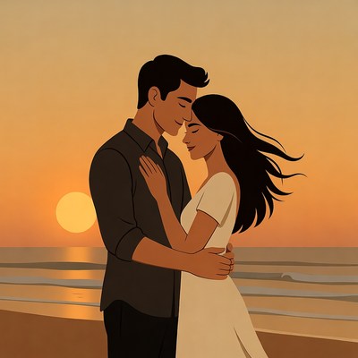 Loving Asian couple embracing at sunset beach