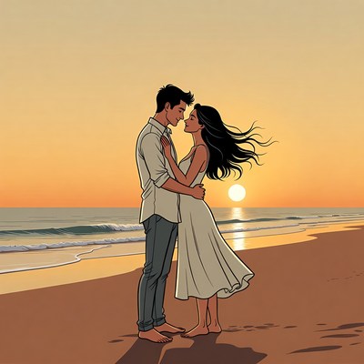 Couple embracing at sunset beach