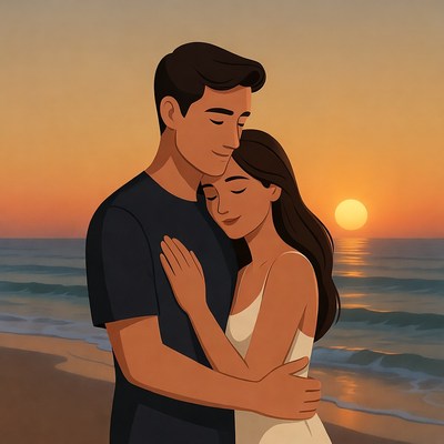 Couple embracing at sunset beach