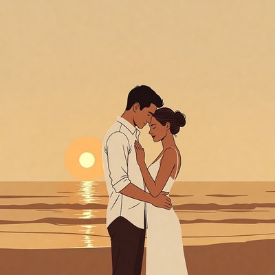 Loving couple embracing at sunset beach